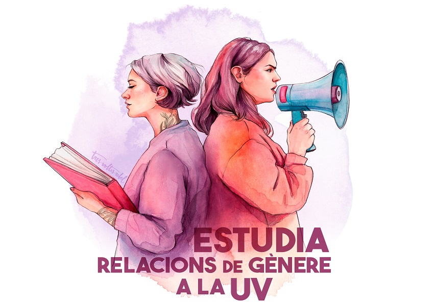 Imagen del evento:estudiantes feministas con un libro y un megáfono